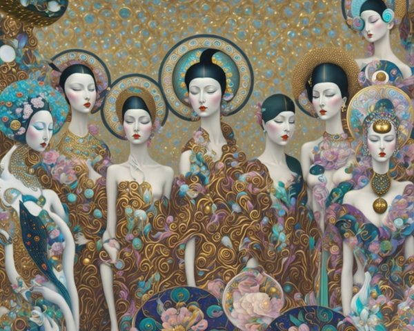 Intricate Artwork of Elegantly Dressed Women with Flowers