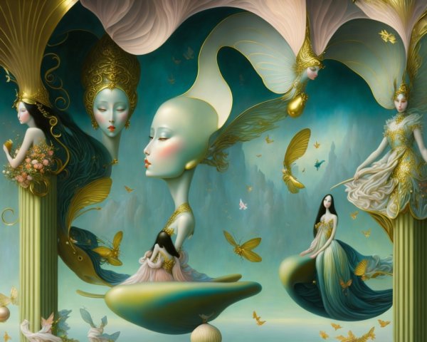 Ethereal Figures in Dreamlike Pastel Landscape