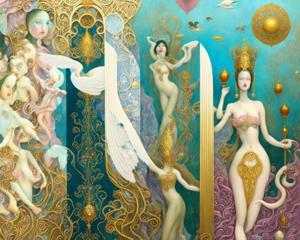 Surreal tableau of ethereal figures and vibrant colors