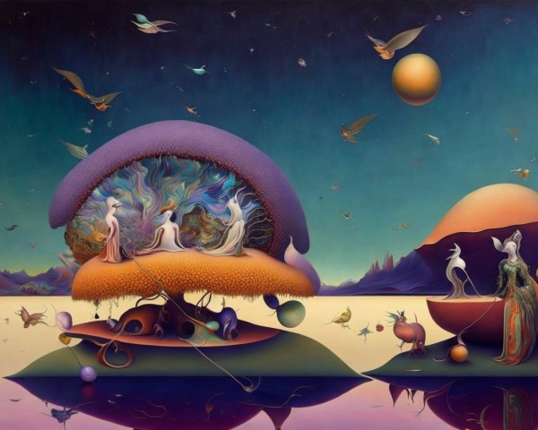 Surreal Landscape with Whimsical Figures and Flora