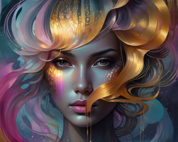 Portrait of a Woman with Vibrant Hair and Abstract Patterns