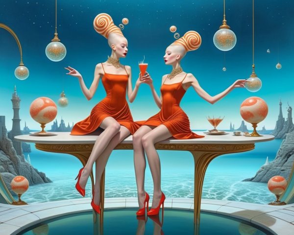 Surreal Scene of Two Figures in Futuristic Setting