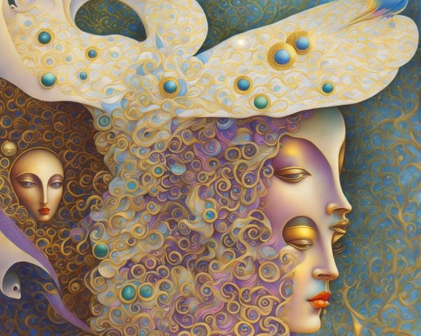 Surreal Composition with Flowing Hair and Ethereal Faces