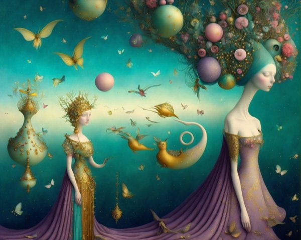 Ethereal Women in Fantasy Landscape with Elegant Gowns