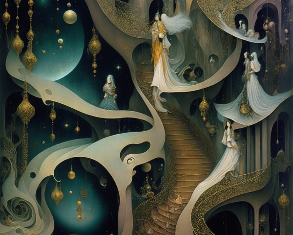 Ethereal Figures Ascending a Spiraling Staircase