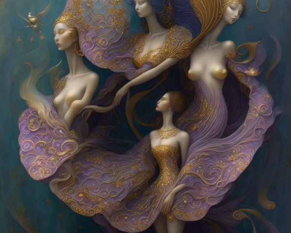 Ethereal Figures with Flowing Hair and Garments