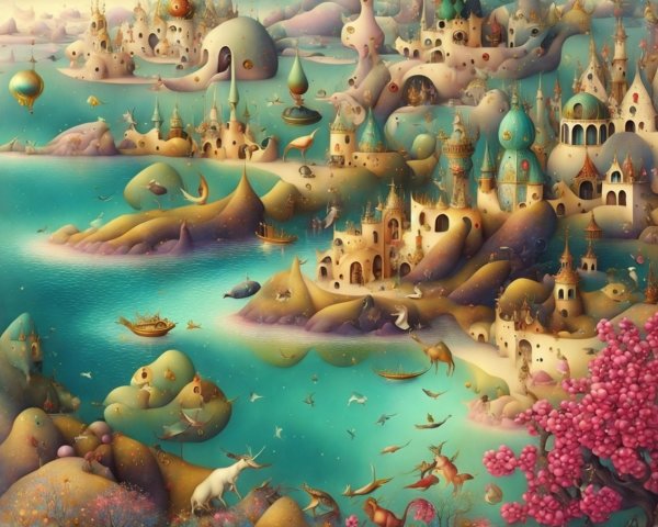 Vibrant Fantasy Landscape with Whimsical Castles