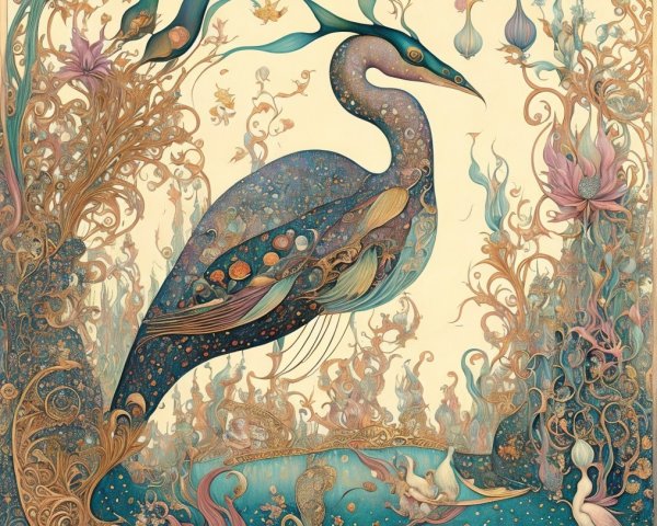 Intricate Peacock Artwork with Vibrant Patterns and Flora