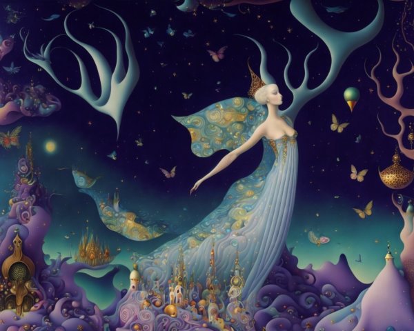 Ethereal Figure in Dreamlike Starry Landscape
