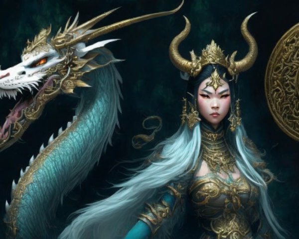 Fierce warrior in intricate armor with a dragon companion