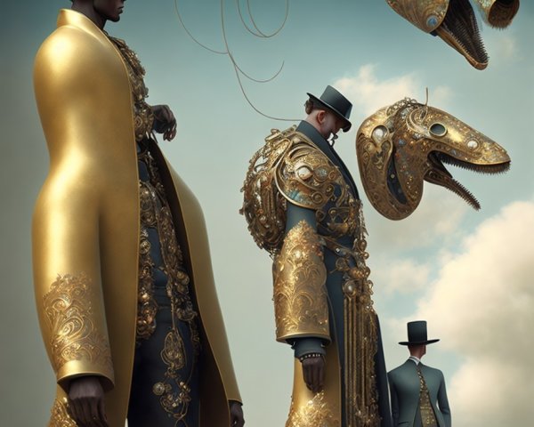 Elegantly Dressed Figures with Surreal Animal Heads