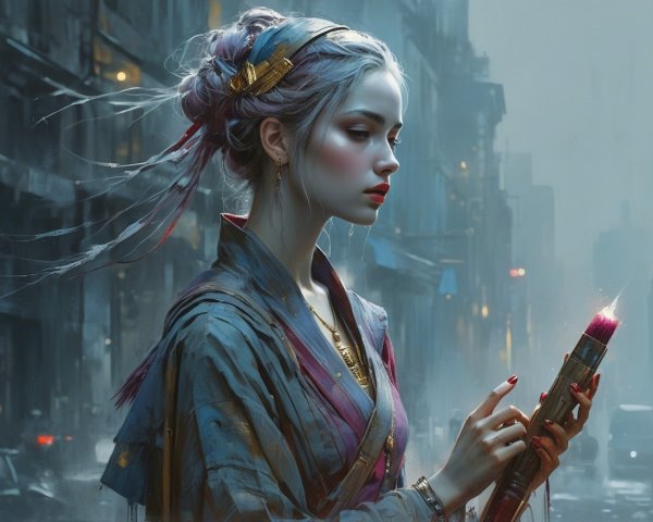 Young Woman in Misty Urban Landscape with Paintbrush