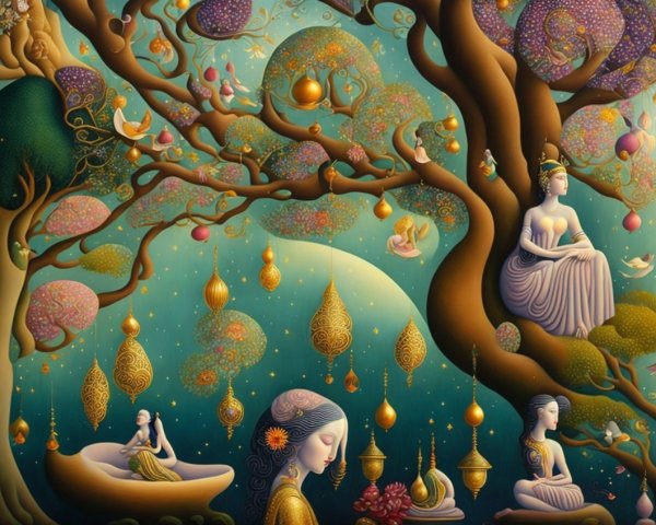 Ethereal Buddhas and Women in a Tranquil Landscape