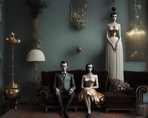 Surreal Interior with Well-Dressed Couple and Decor