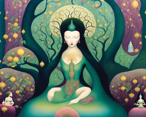 Serene Figure Surrounded by Lush Foliage and Orbs