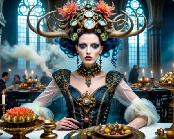 Lavish Banquet with Royal Figure and Elaborate Decor