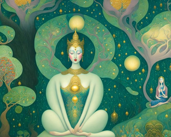 Meditative Scene with Serene Figures and Lush Nature