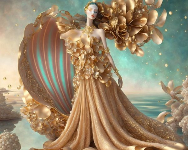 Elegant figure in flowing gown with floral embellishments