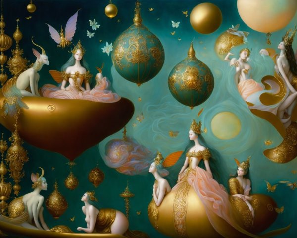 Surreal Dreamlike Scene with Ethereal Figures and Creatures