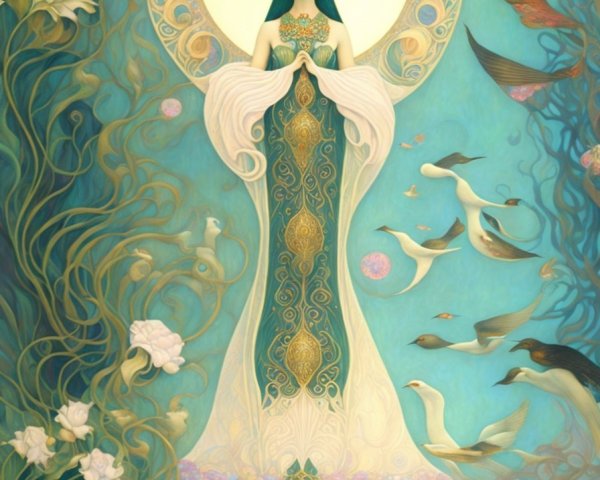 Mystical Figure in Gown Surrounded by Ethereal Birds