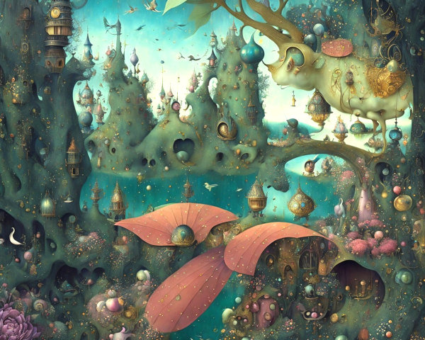 Dreamlike Landscape with Gnarled Trees and Lanterns