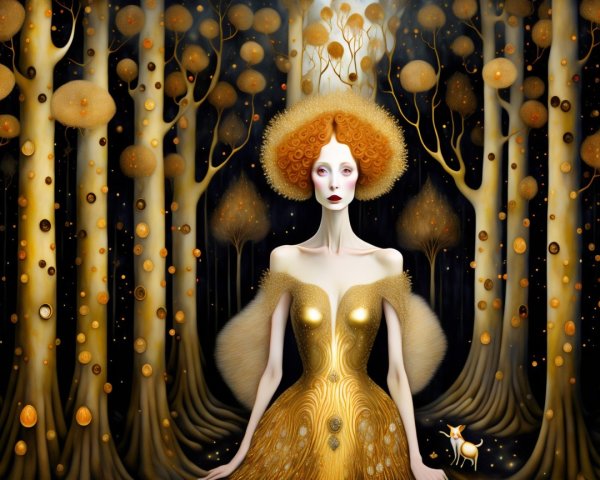 Surreal Forest Scene with Golden Orbs and Figure