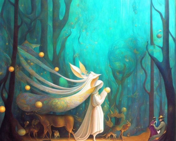 Mystical forest scene with glowing orb and enchanted deer