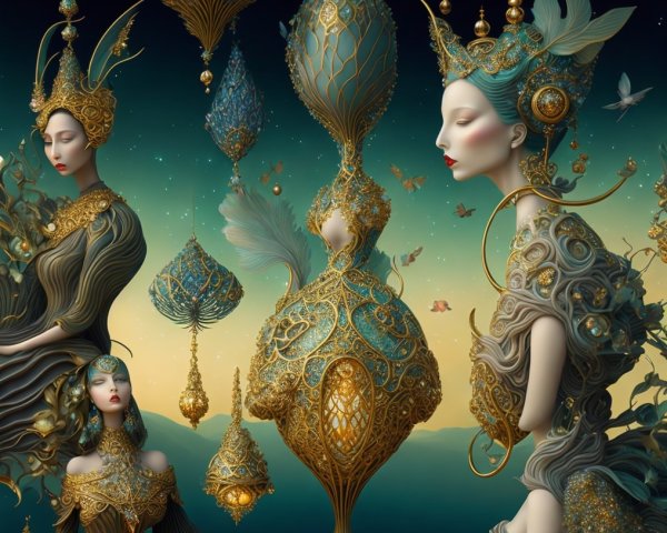 Ethereal Figures in Intricate Attire with Jewel Elements
