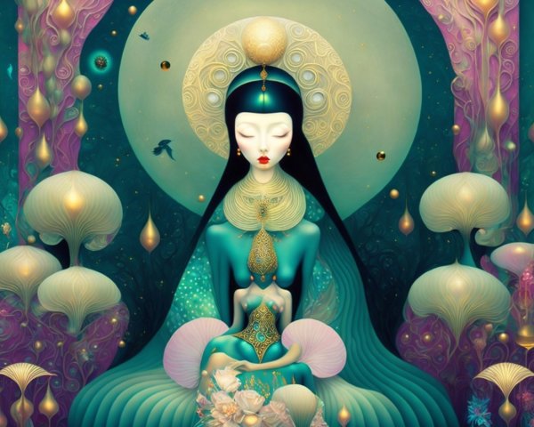 Ethereal figure in turquoise garments with luminous orbs