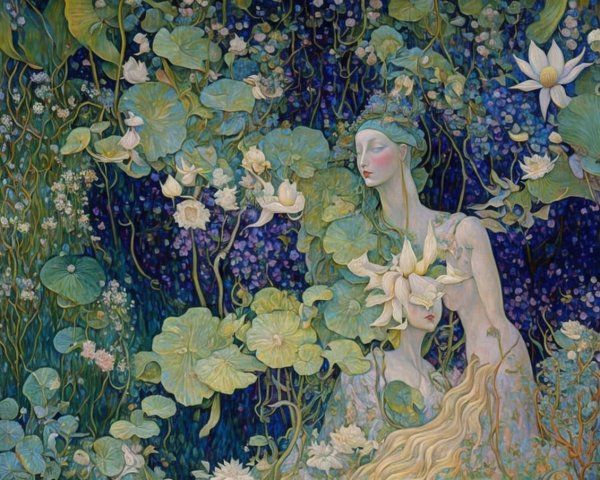 Surreal Scene of Figures in Lush Floral Landscape