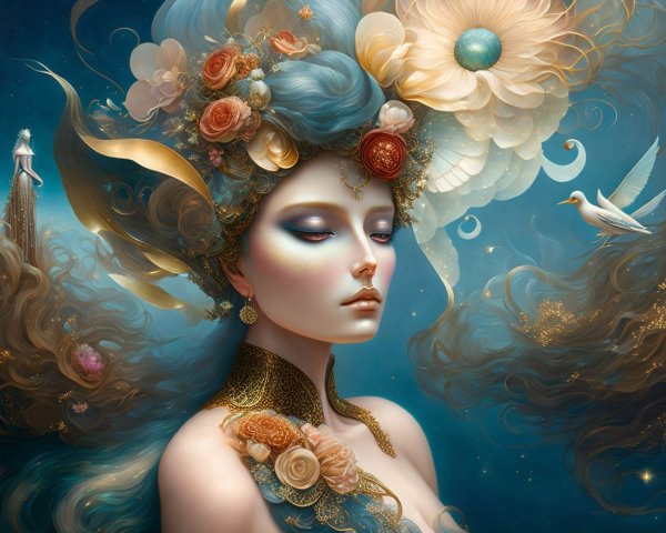 Woman with Flowing Hair and Floral Adornments