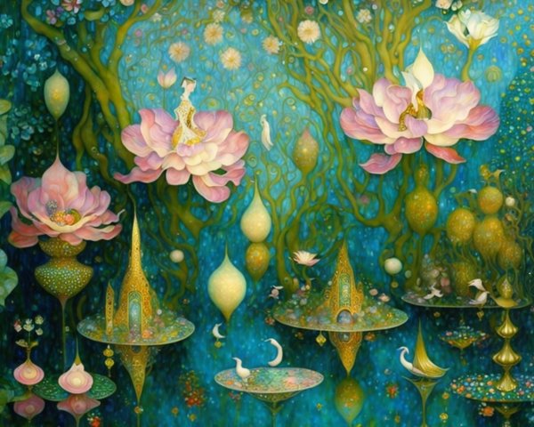 Vibrant Dreamlike Scene with Lotus Flowers and Orbs