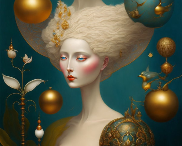 Surreal Artwork of Ethereal Woman with Golden Orbs