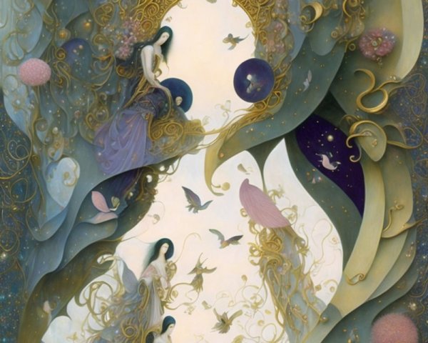 Whimsical Scene with Fairies and Vibrant Flora