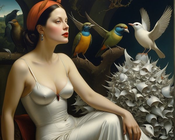 Woman in White Gown Surrounded by Seashells and Birds