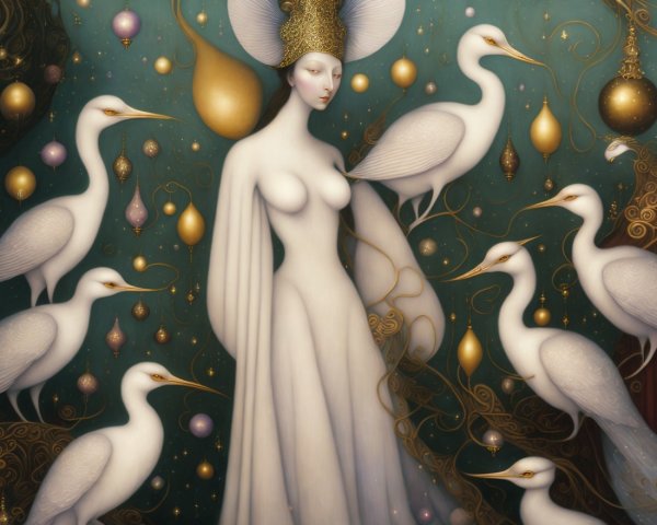 Serene Figure in White Garments with Cranes and Gold