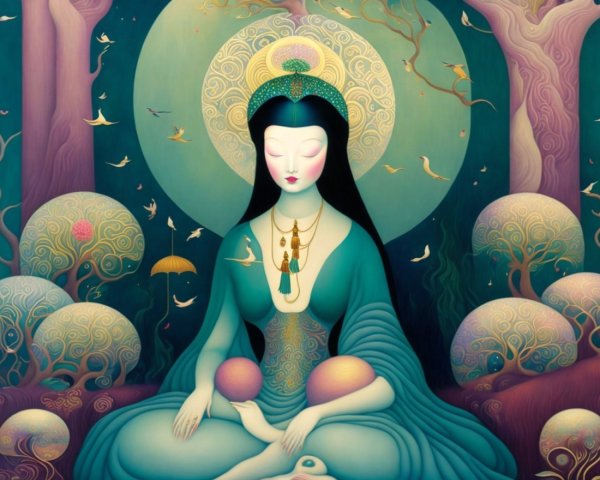 Meditative Figure in Turquoise Robes with Halo