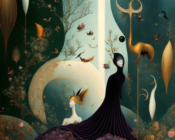 Surreal Landscape with Elegant Figures and Fantasy Elements