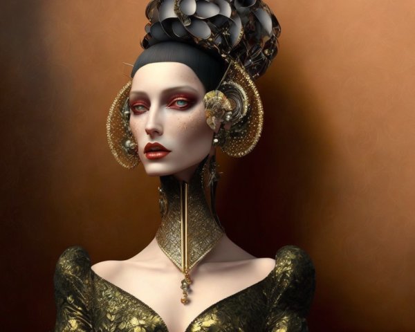 Futuristic High-Fashion Design with Ornate Golden Attire