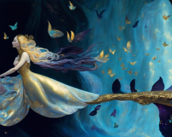 Ethereal Figure in Golden Gown in Vibrant Landscape
