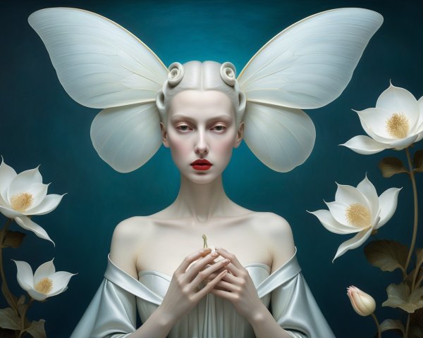 Serene figure with butterfly wings and lotus flowers