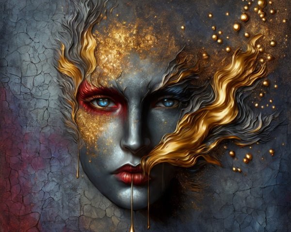 Female Face Artwork with Fire and Gold Elements