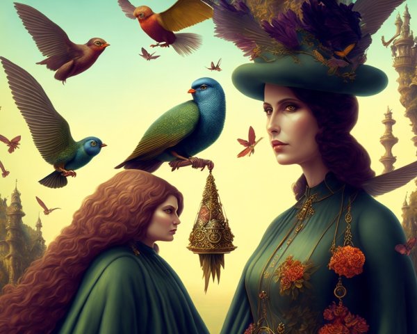 Mystical Scene with Women, Birds, and Butterflies
