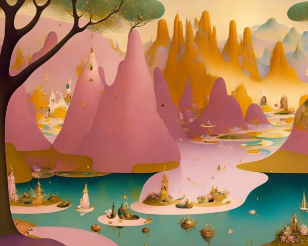 Whimsical Landscape with Pink Mountains and Castles
