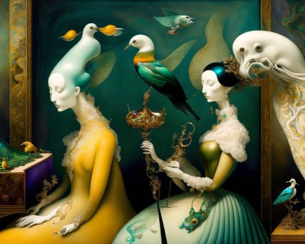 Stylized Figures in Vibrant Gowns with Surreal Elements
