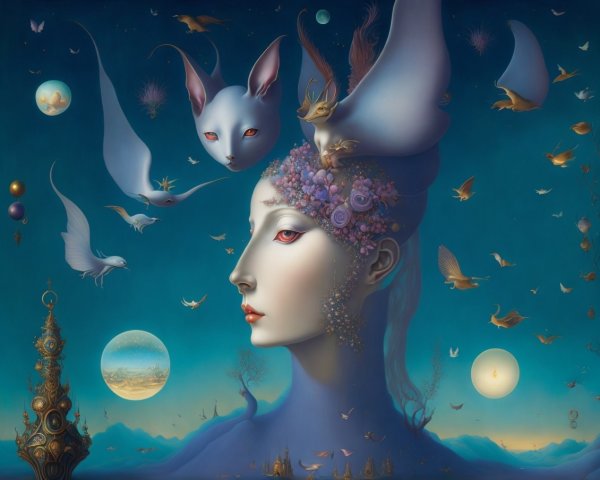 Surreal Artwork of a Woman with Floral Headdress