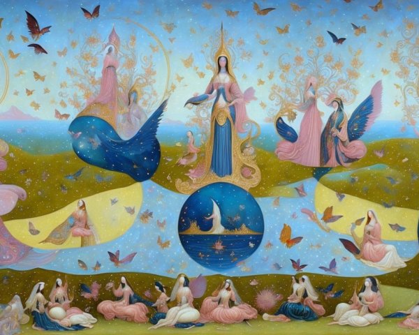 Serene Painting of Ethereal Figures in Vibrant Landscape
