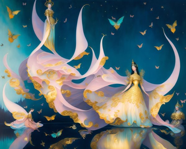 Ethereal Figures in Flowing Gowns with Butterflies
