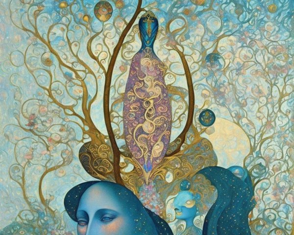 Ethereal Figures with Blue Skin in Vibrant Artwork
