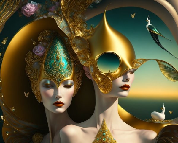 Ethereal Women with Ornate Headpieces and Masks